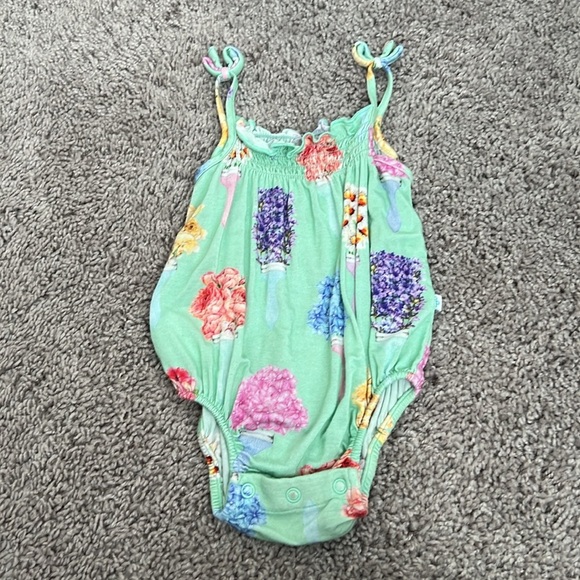Posh Peanut Green Floral Paintbrush Bubble Tank Romper - Picture 2 of 4